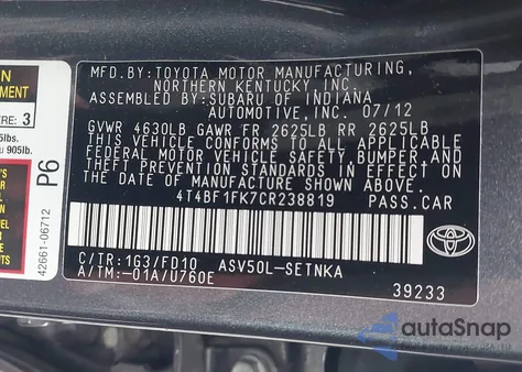 2012 Toyota Camry Le from USA, damaged, VIN 4T4BF1FK7CR238819